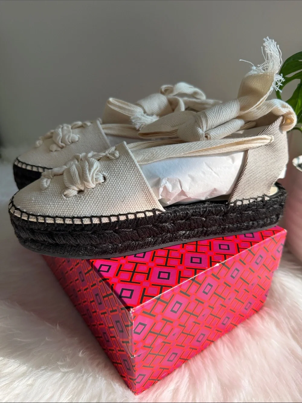 Tory Burch Black/Natural Ankle Wrap Woven Double T Espadrille